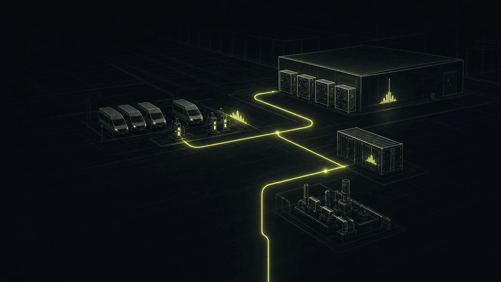 Connected industrial site, EV depot, battery system, and cold storage represented as one flexibility network